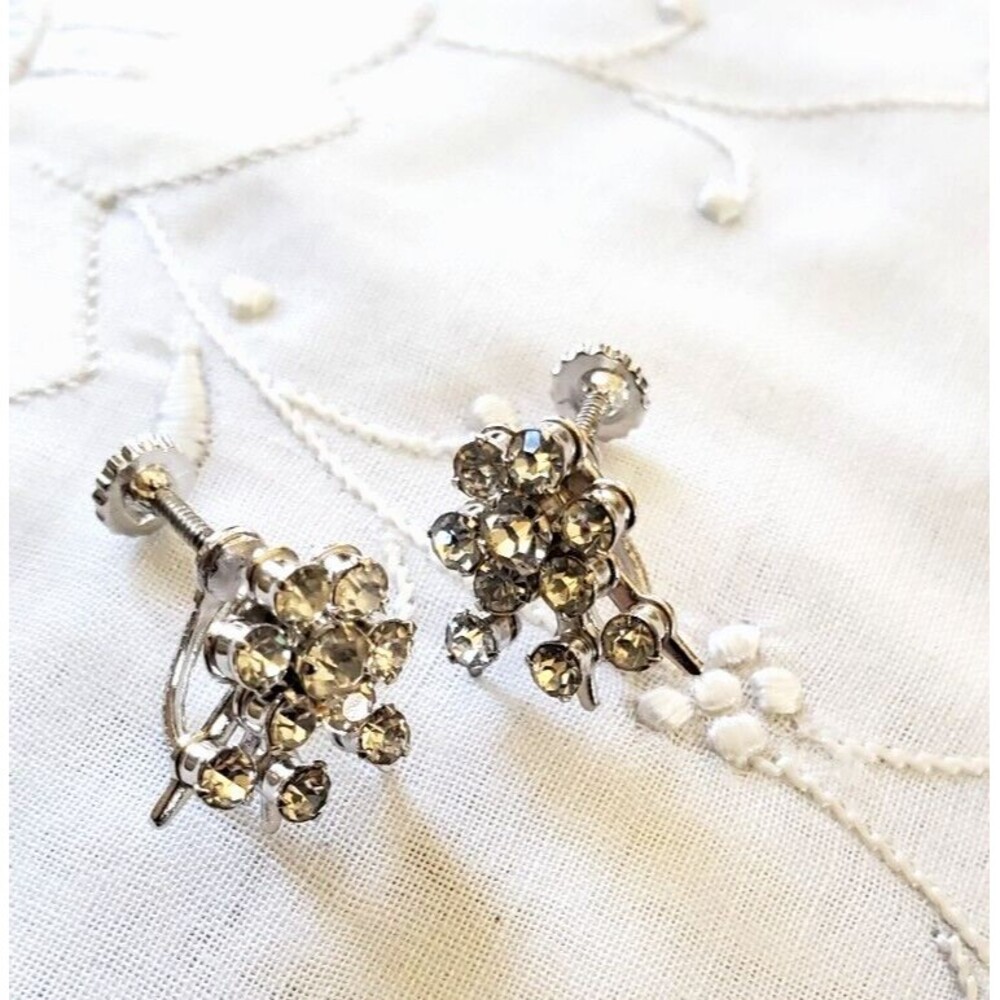 Vintage Pair Rhinestone Earrings Clear Silver Tone Screw Back